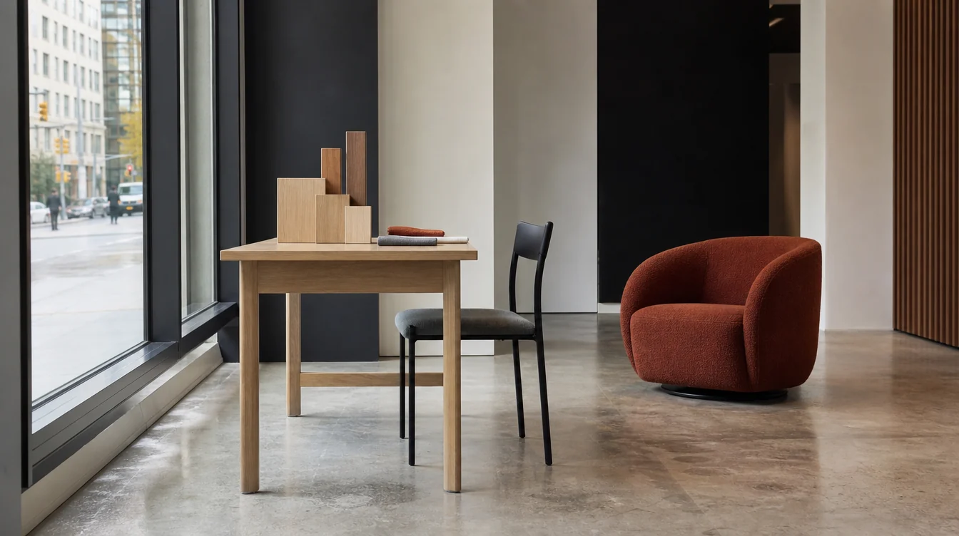 Chairs and finish samples arranged for a New York commercial furniture package review.