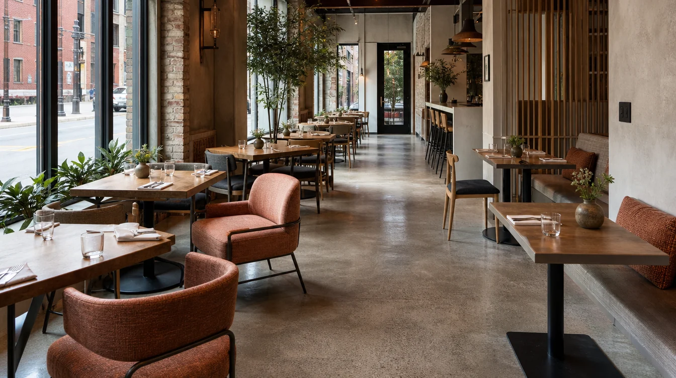 Dining chairs, tables and waiting furniture in a New York restaurant setting.