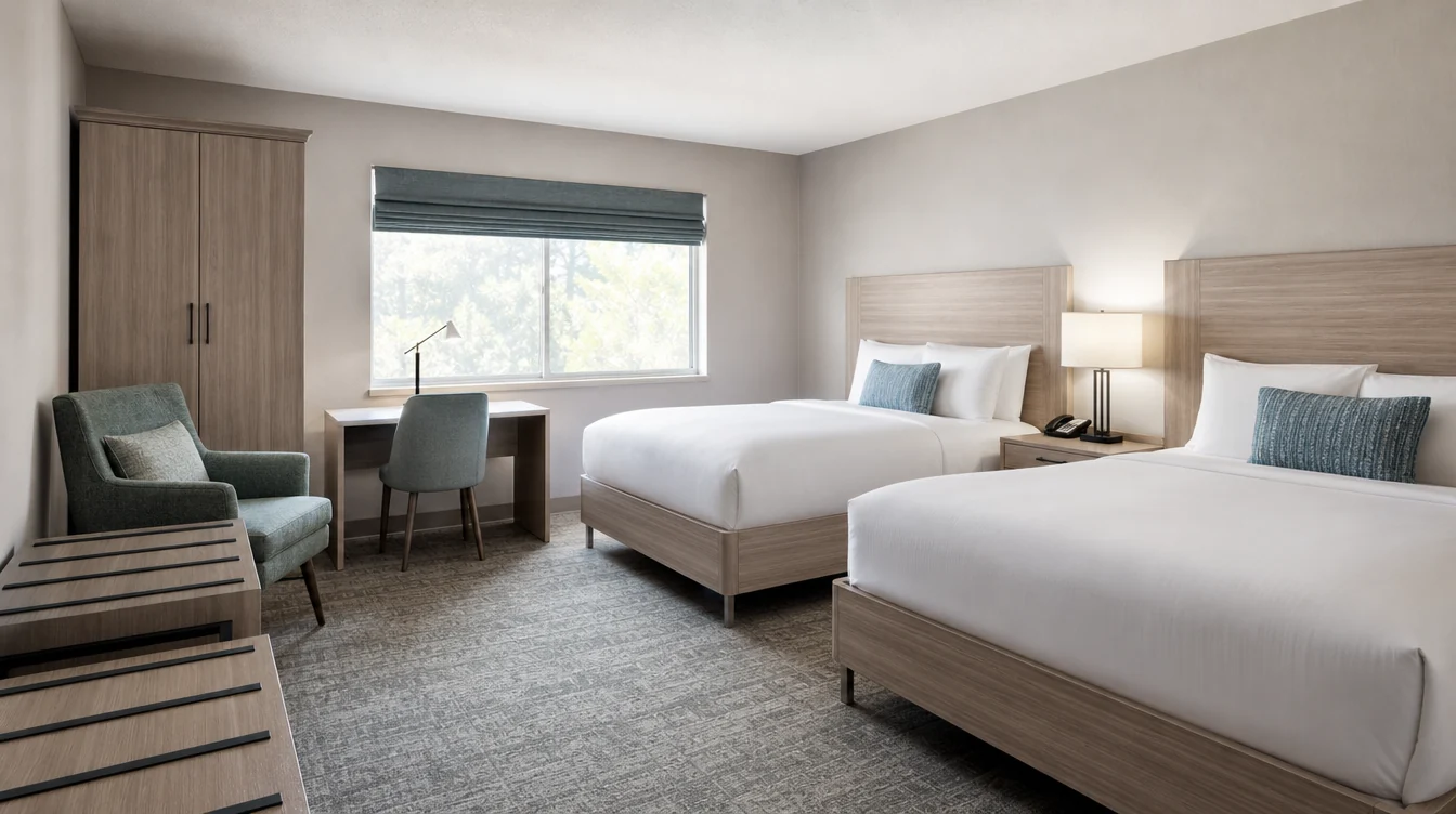 A complete North Carolina hotel guest-room furniture arrangement with desk, bedside and lounge pieces.