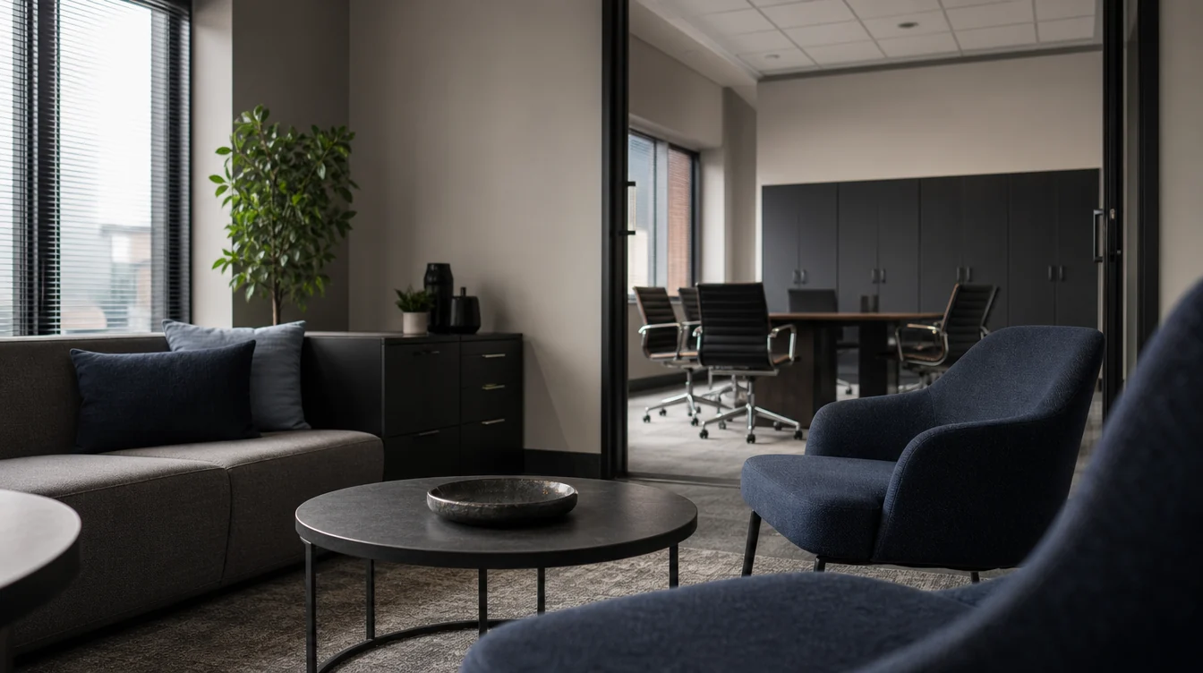 Coordinated furniture across connected commercial rooms in a North Carolina setting.