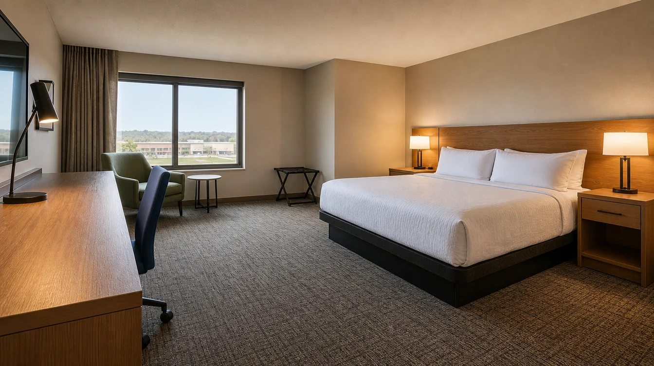 A complete Ohio hotel guest-room furniture arrangement with desk, bedside and lounge pieces.