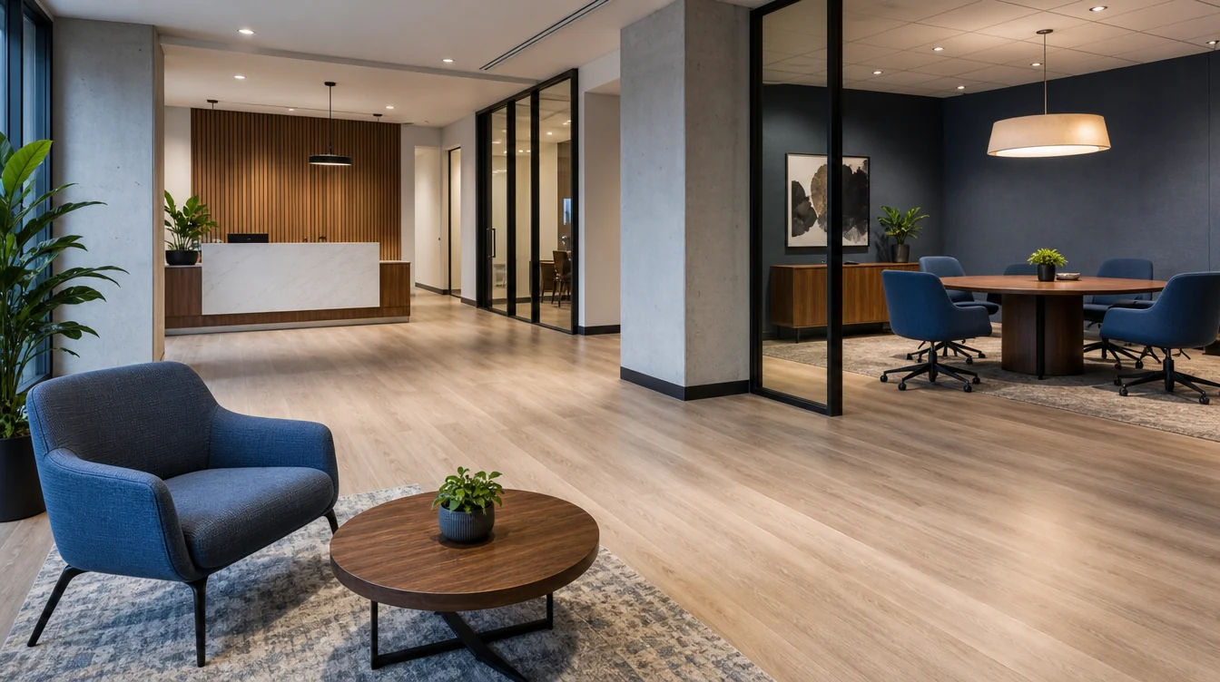 Coordinated furniture across connected commercial rooms in a Ohio setting.
