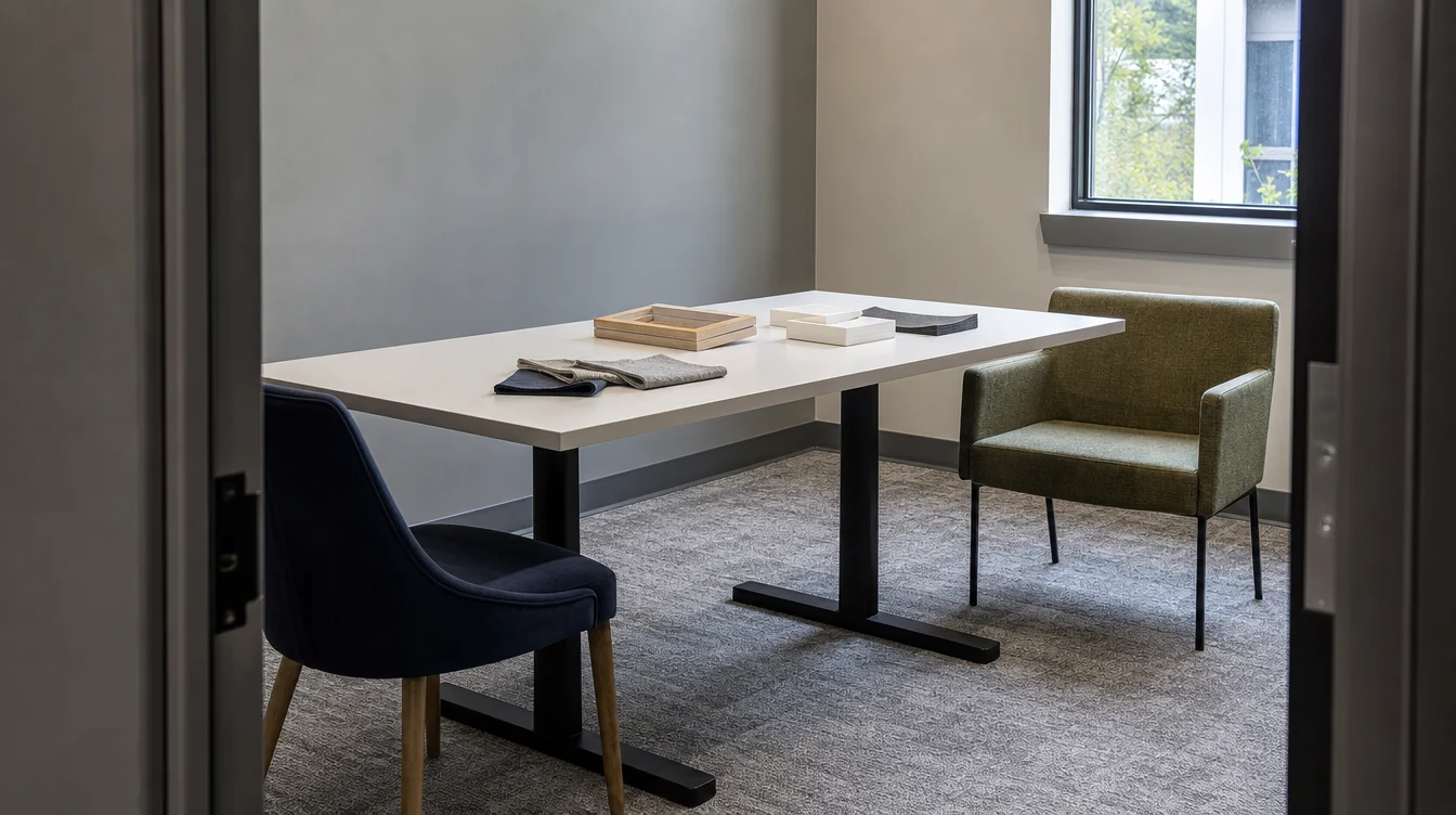 Chairs and finish samples arranged for a Ohio commercial furniture package review.
