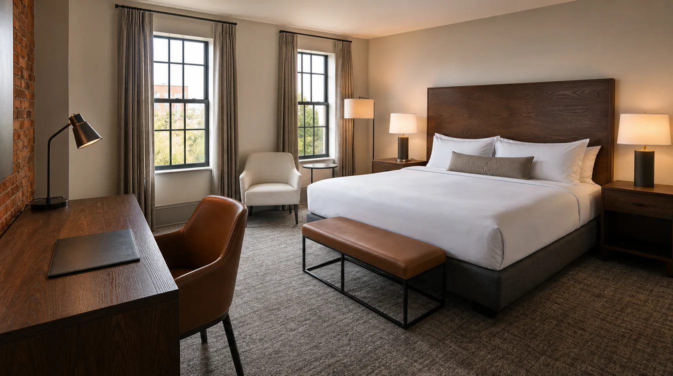 A complete Pennsylvania hotel guest-room furniture arrangement with desk, bedside and lounge pieces.