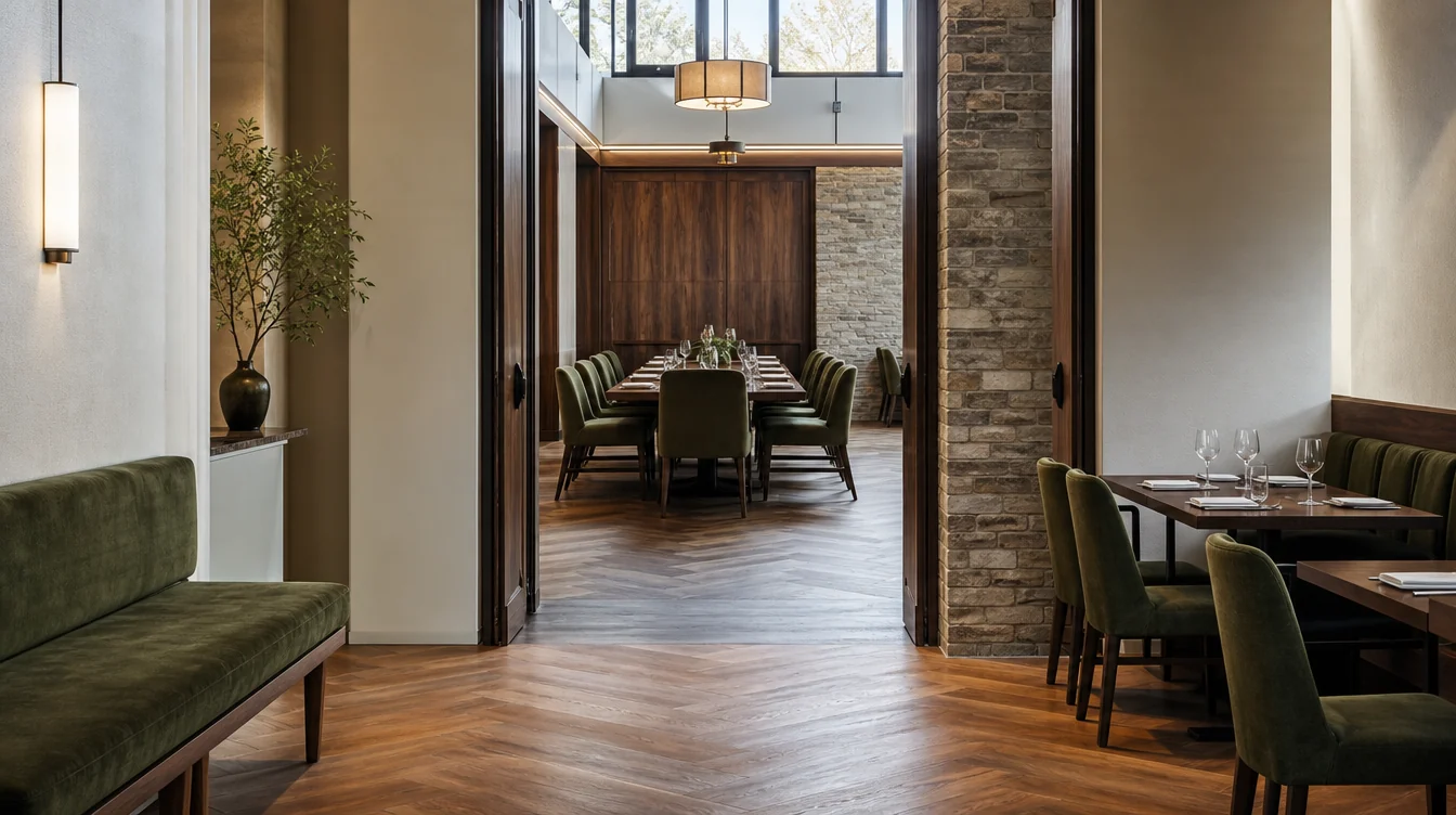 Coordinated furniture across connected commercial rooms in a Pennsylvania setting.