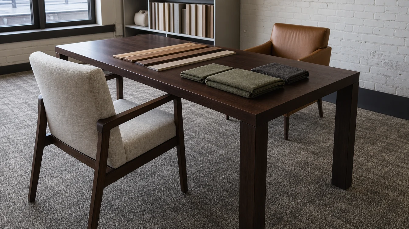 Chairs and finish samples arranged for a Pennsylvania commercial furniture package review.