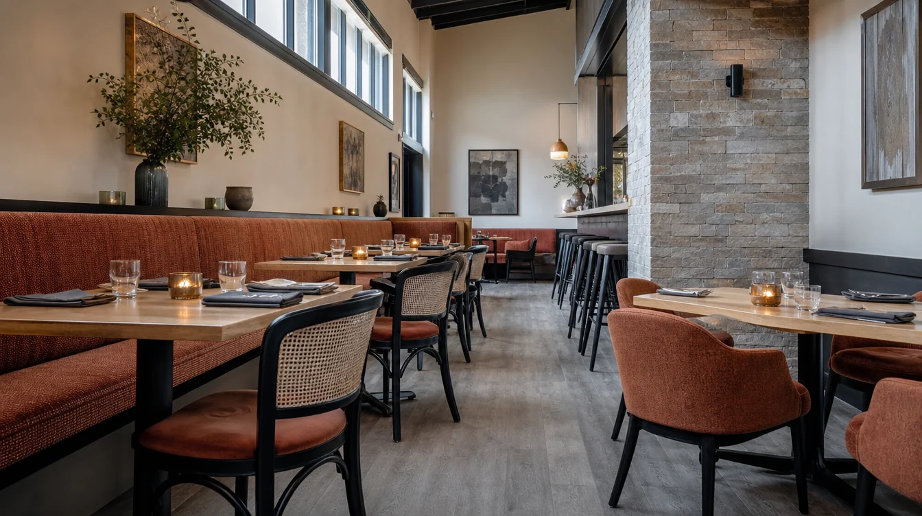 Dining chairs, tables and waiting furniture in a Pennsylvania restaurant setting.