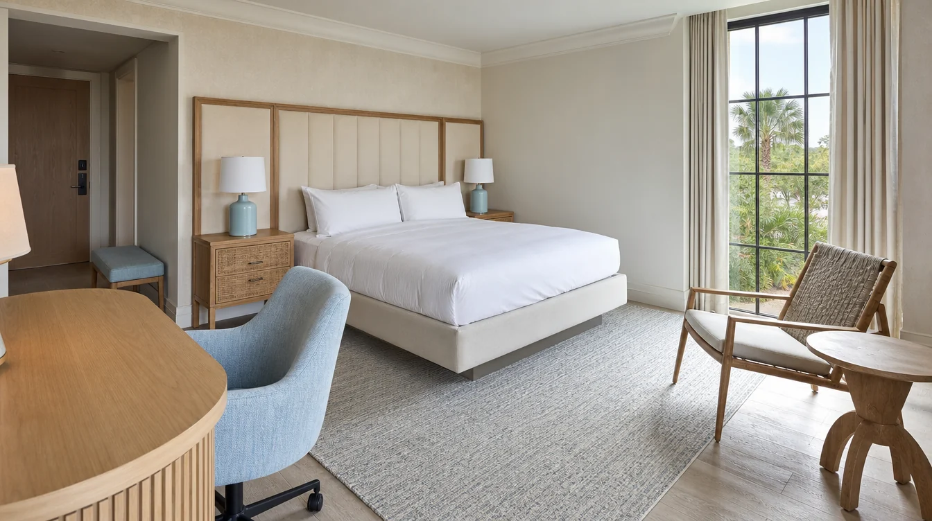 A complete South Carolina hotel guest-room furniture arrangement with desk, bedside and lounge pieces.