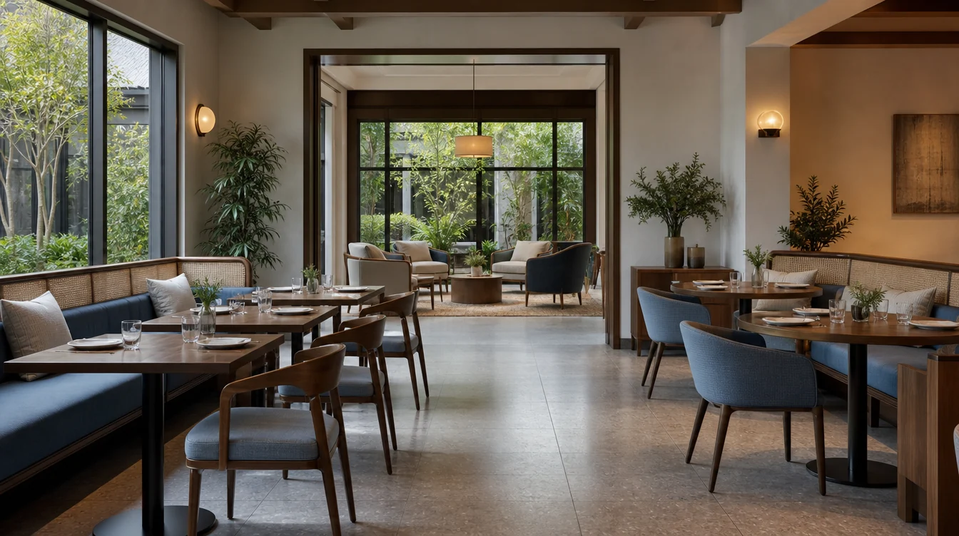 Coordinated furniture across connected commercial rooms in a South Carolina setting.