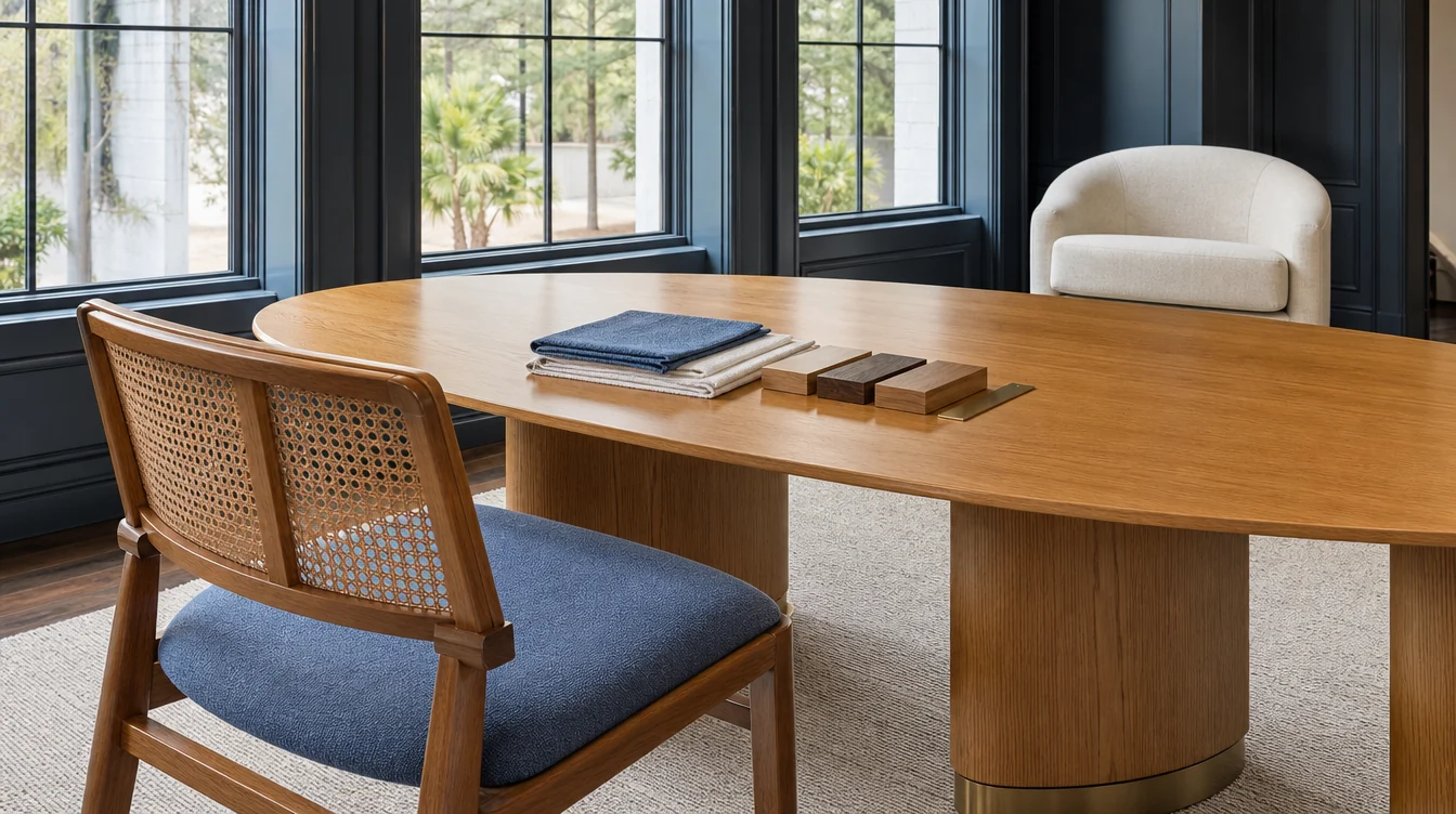 Chairs and finish samples arranged for a South Carolina commercial furniture package review.