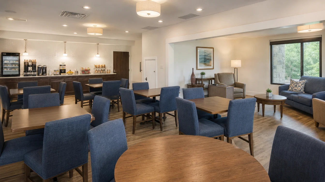 Dining and lounge furniture in a hotel breakfast room