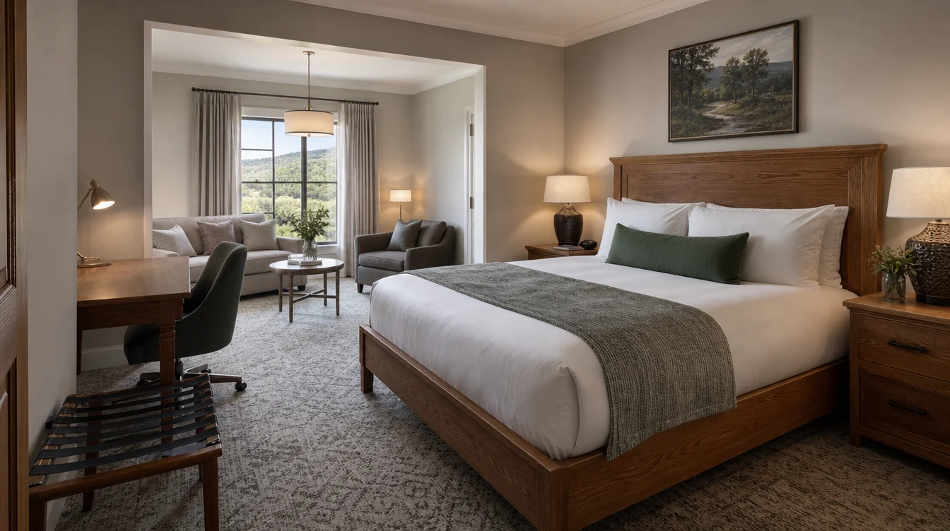 Hotel guest room with a furnished reading nook
