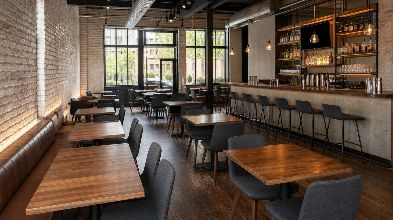 Dining tables and chairs in a furnished restaurant