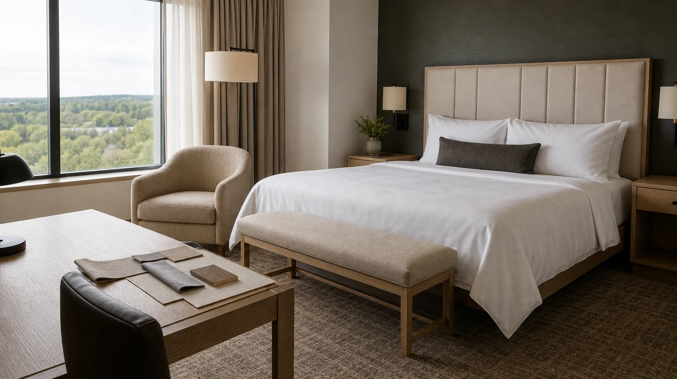 A sample guest-room furniture package with coordinated timber pieces