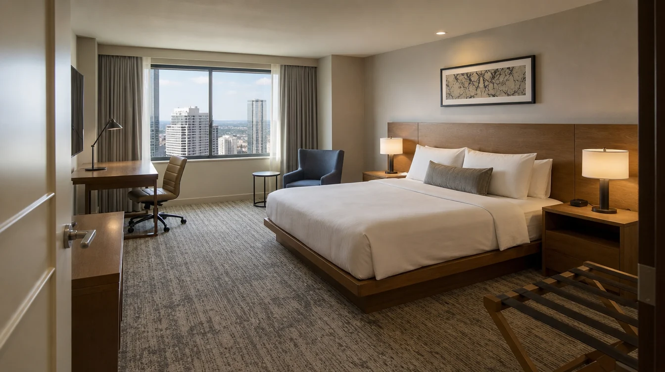 A furnished hotel guest room with coordinated bedside, desk and lounge pieces