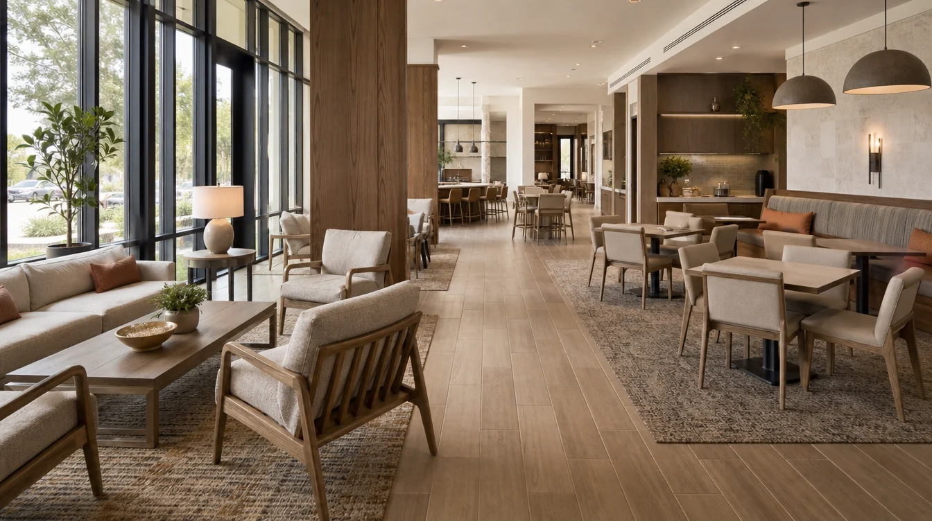 Connected hotel lounge and breakfast room with coordinated timber furniture