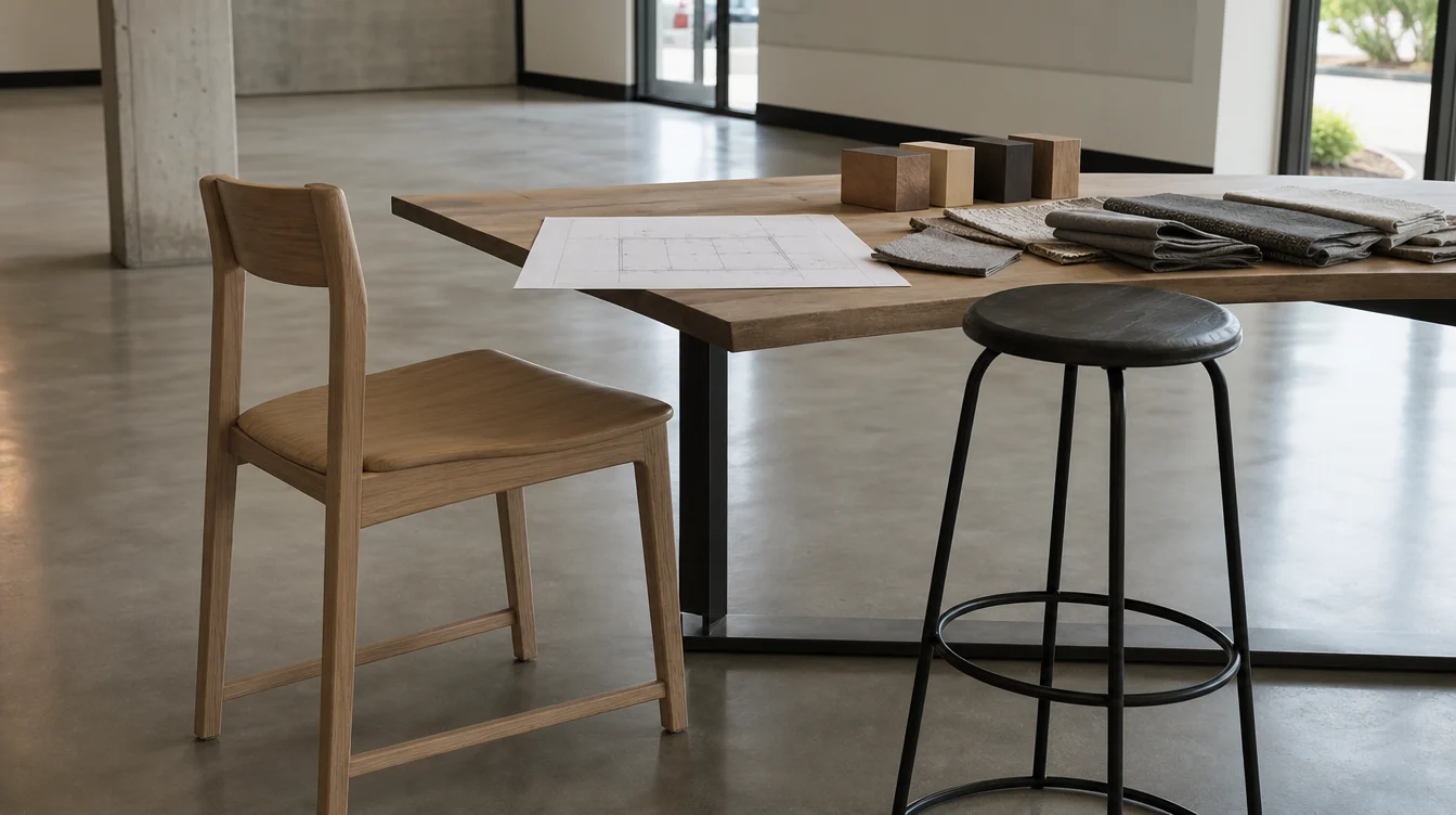 Chairs and finish samples for a furniture package review