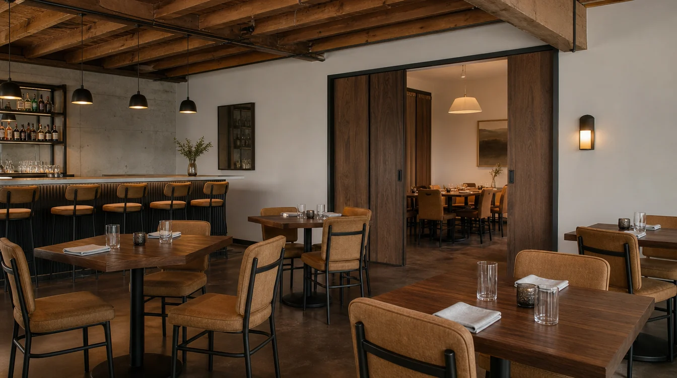 Dining tables and chairs in a furnished restaurant