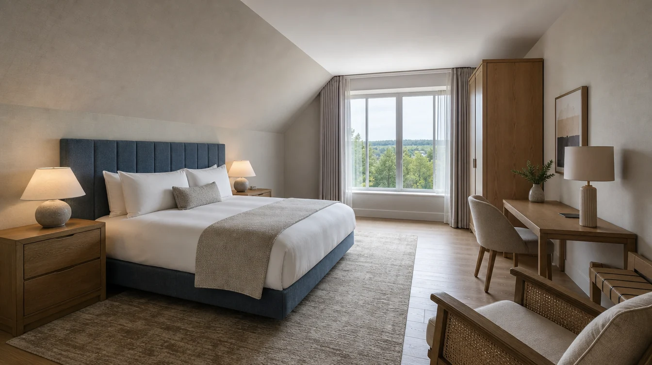 A complete Virginia hotel guest-room furniture arrangement with desk, bedside and lounge pieces.