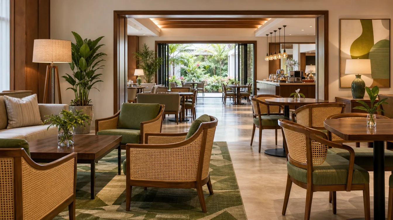 Coordinated furniture across connected commercial rooms in a Virginia setting.