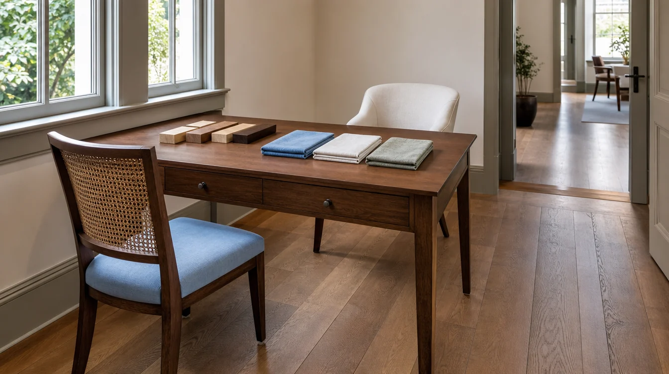 Chairs and finish samples arranged for a Virginia commercial furniture package review.