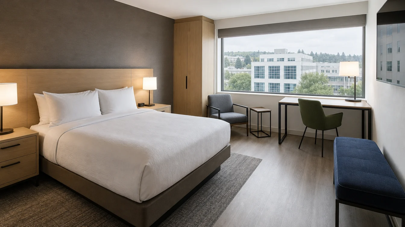 A complete Washington hotel guest-room furniture arrangement with desk, bedside and lounge pieces.