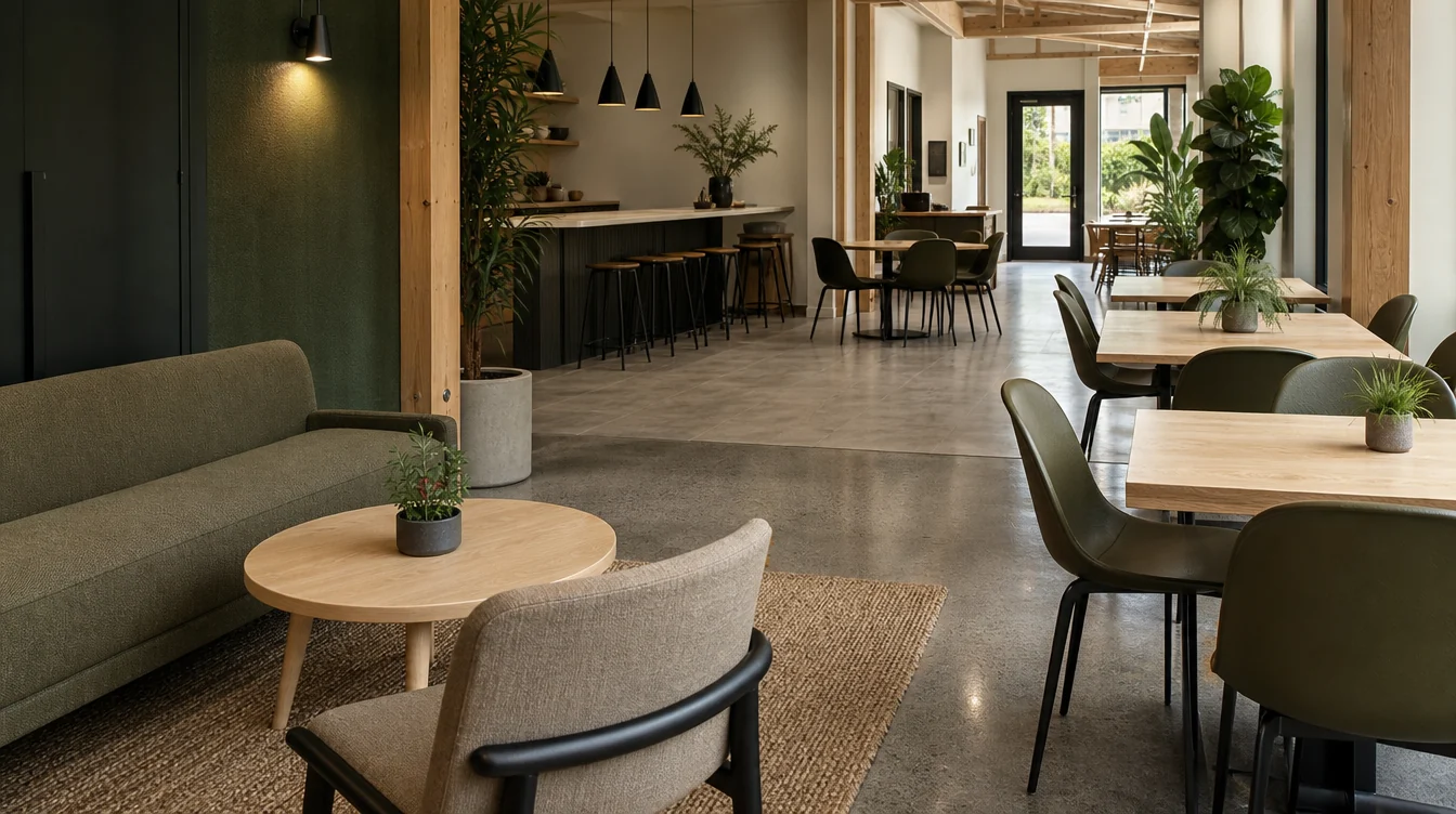 Coordinated furniture across connected commercial rooms in a Washington setting.