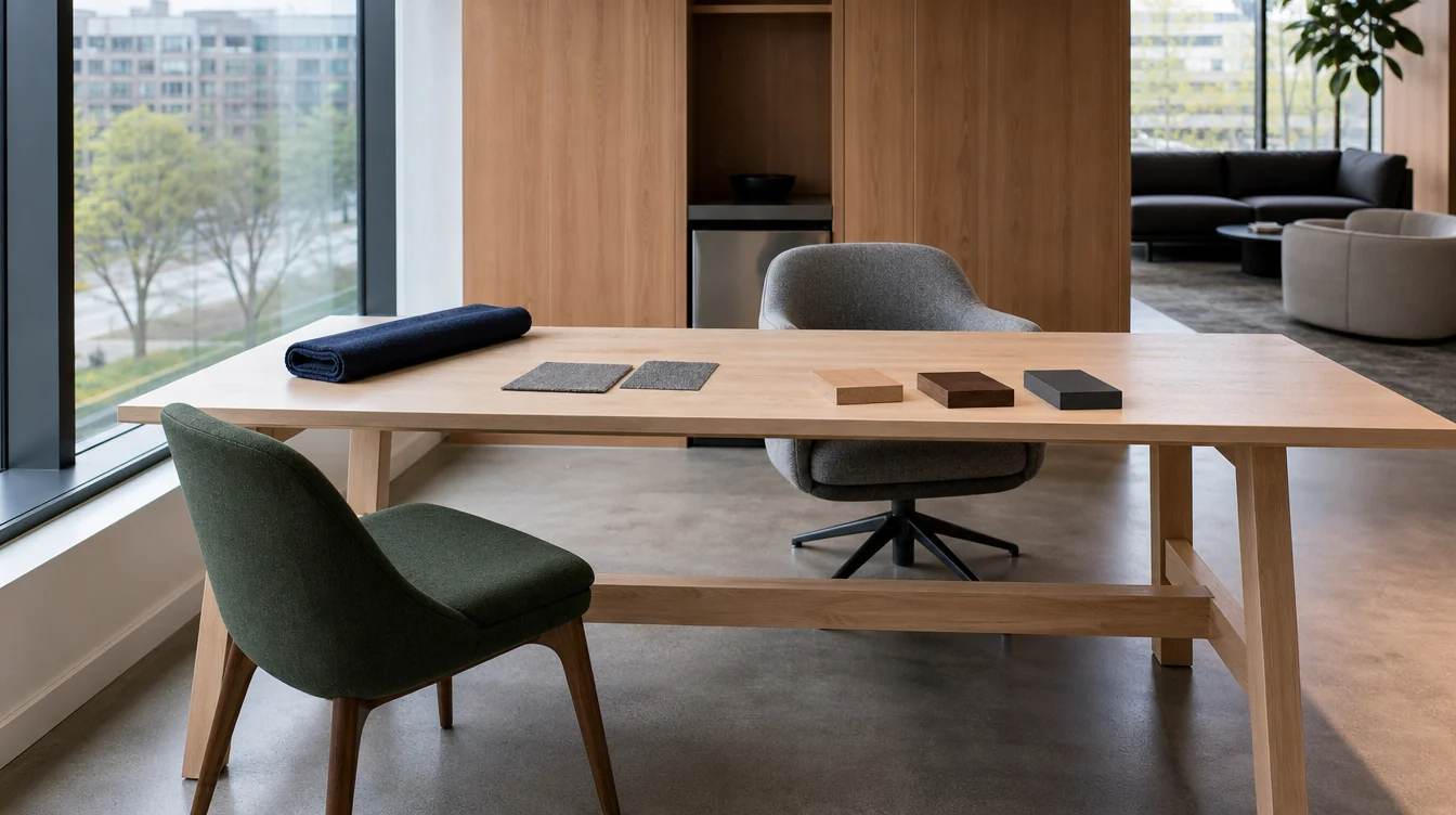 Chairs and finish samples arranged for a Washington commercial furniture package review.