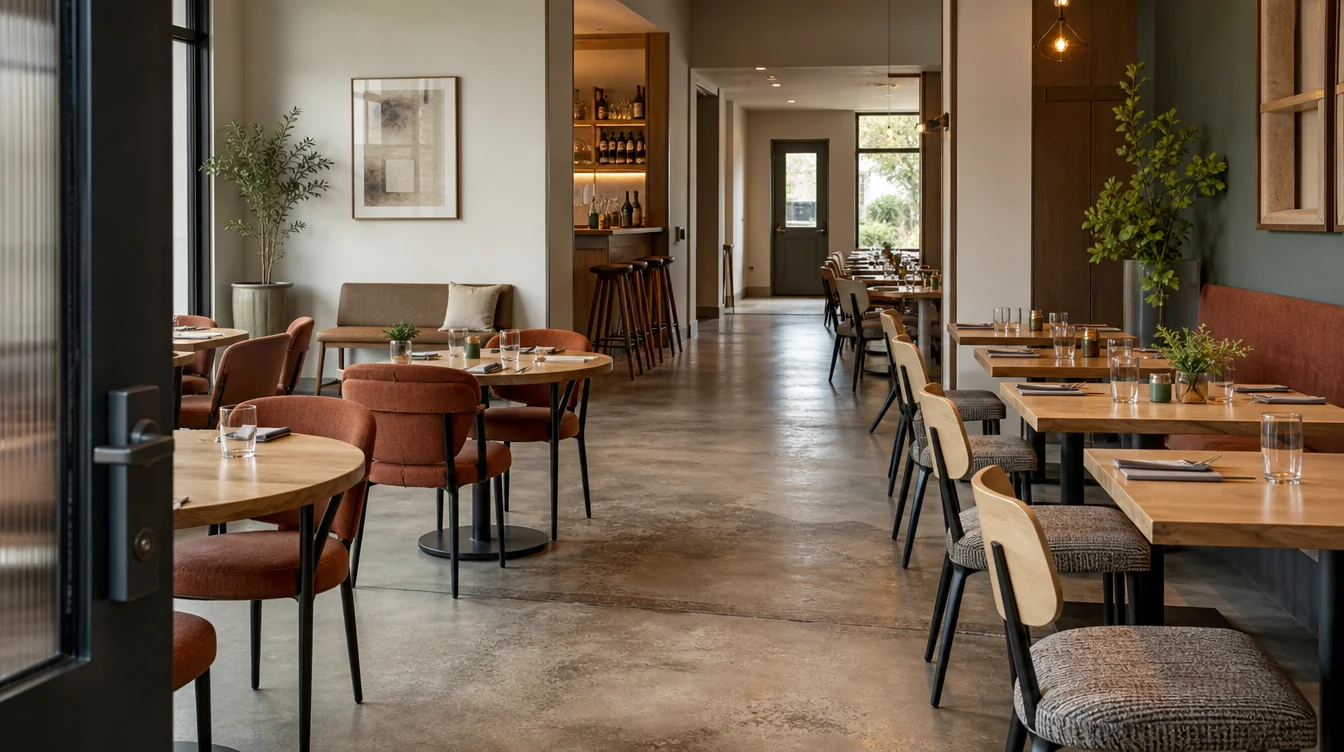 Dining chairs, tables and waiting furniture in a Washington restaurant setting.
