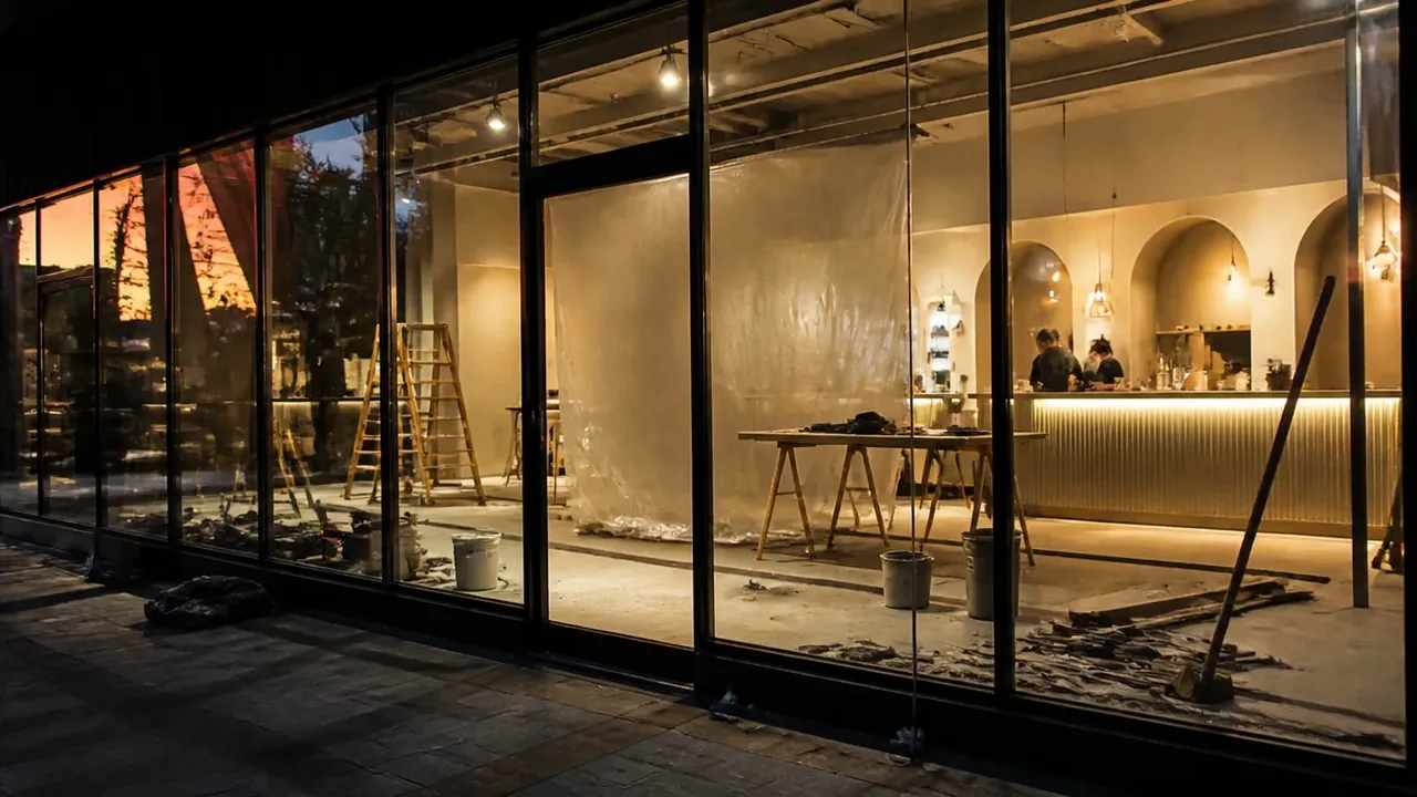A build-out scene illustrating running it, at dusk with the interior lights on