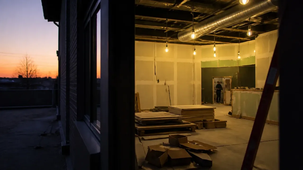 A build-out scene illustrating quantities without history, at dusk with the interior lights on